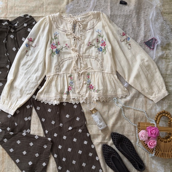 Jennifer & Grace Tops - Ivory Nude Embroidered Peasant Blouse with Lace Ties